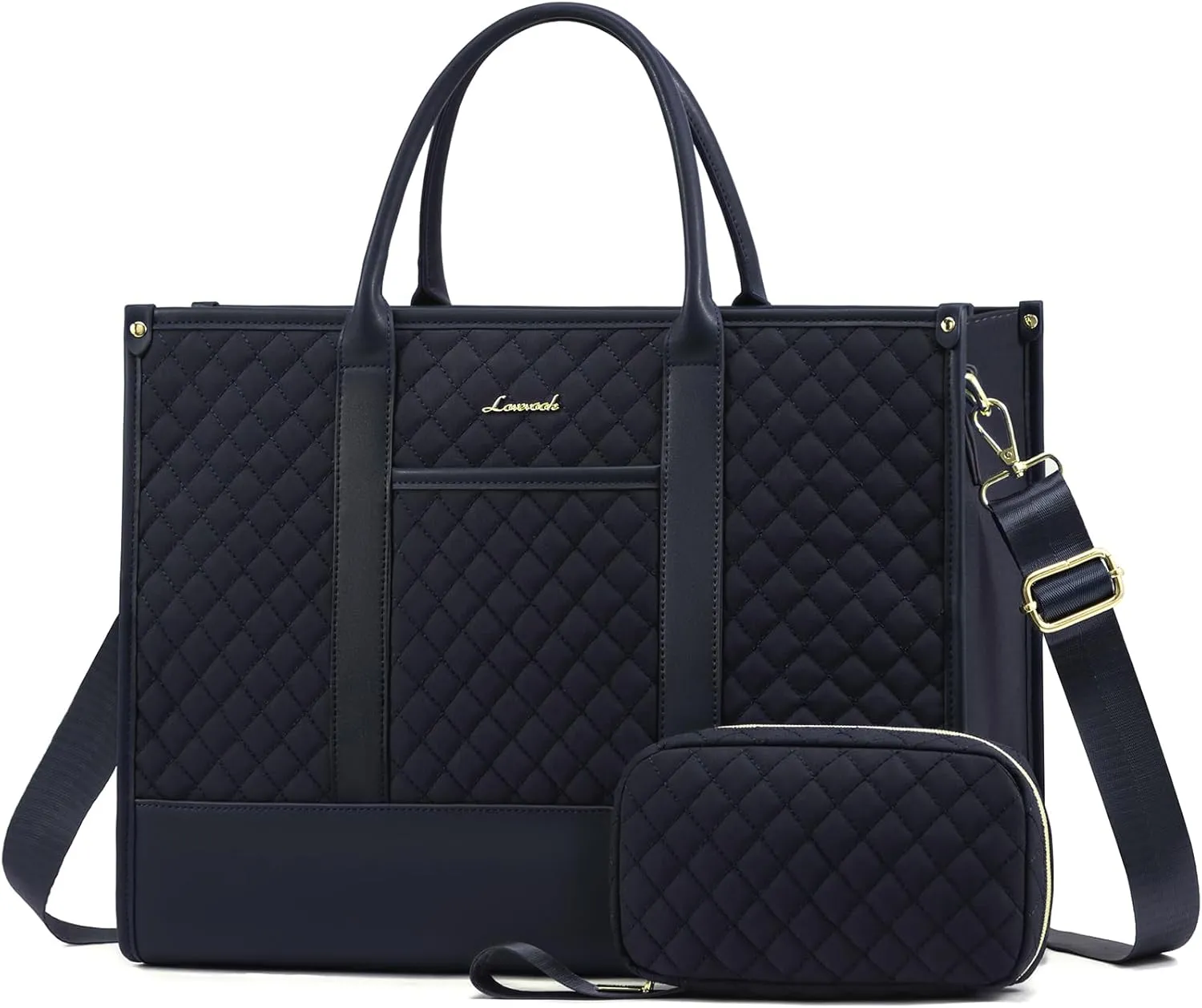 LOVEVOOK Laptop Bags for Women, 15.6 inch Waterproof Work Tote Bag with Clutch, Professional Teacher Computer Purse Lightweight Shoulder Bag Travel, Quilted, Dark Blue