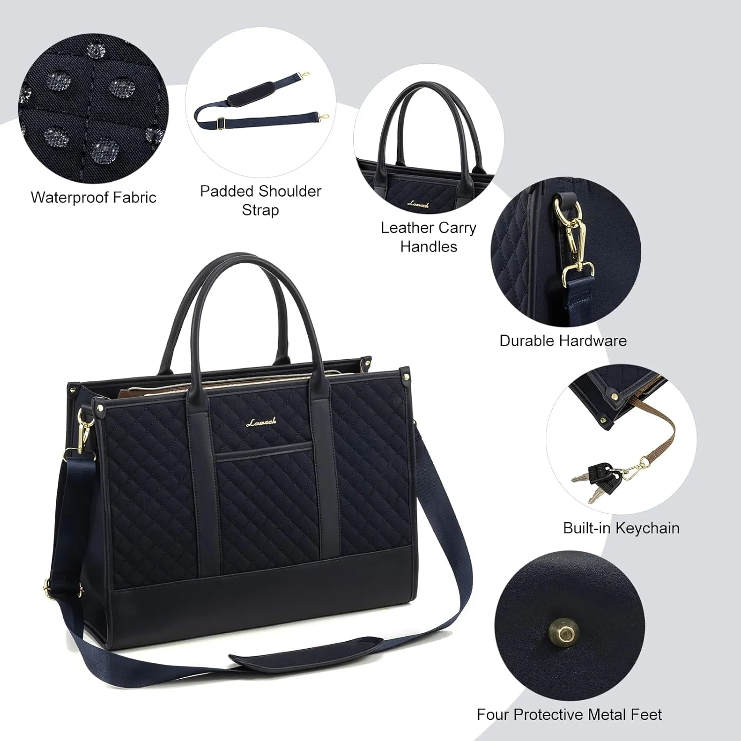 LOVEVOOK Laptop Bags for Women, 15.6 inch Waterproof Work Tote Bag with Clutch, Professional Teacher Computer Purse Lightweight Shoulder Bag Travel, Quilted, Dark Blue