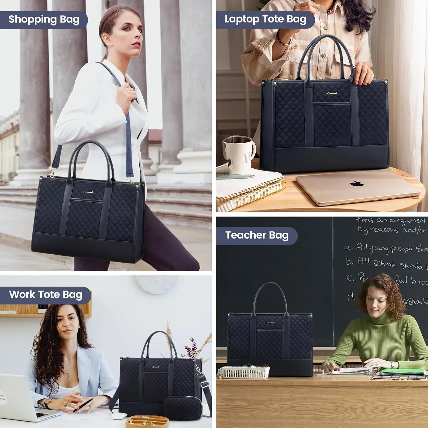 LOVEVOOK Laptop Bags for Women, 15.6 inch Waterproof Work Tote Bag with Clutch, Professional Teacher Computer Purse Lightweight Shoulder Bag Travel, Quilted, Dark Blue