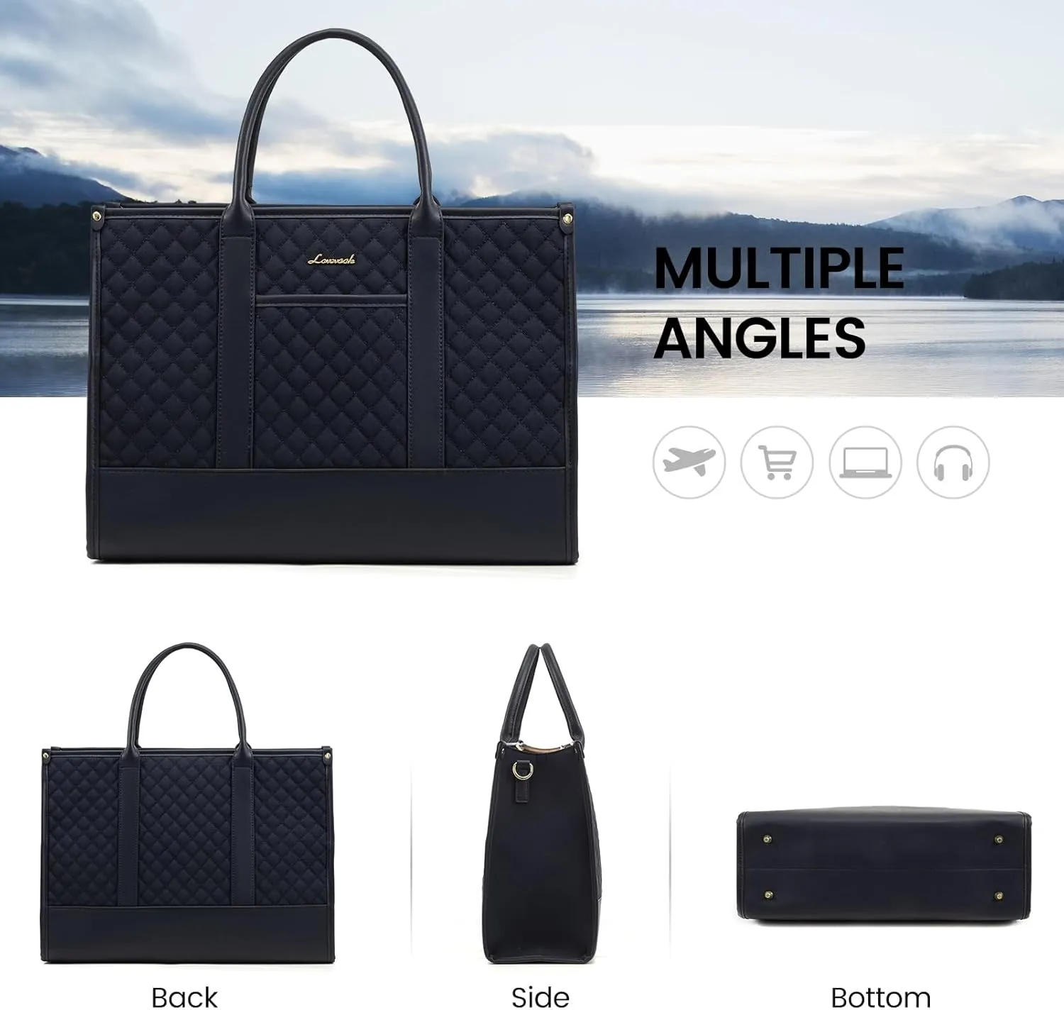 LOVEVOOK Laptop Bags for Women, 15.6 inch Waterproof Work Tote Bag with Clutch, Professional Teacher Computer Purse Lightweight Shoulder Bag Travel, Quilted, Dark Blue