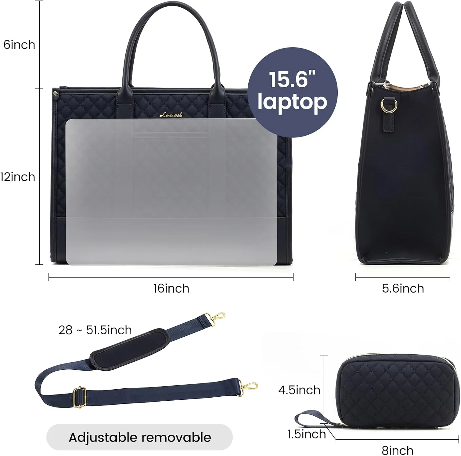 LOVEVOOK Laptop Bags for Women, 15.6 inch Waterproof Work Tote Bag with Clutch, Professional Teacher Computer Purse Lightweight Shoulder Bag Travel, Quilted, Dark Blue
