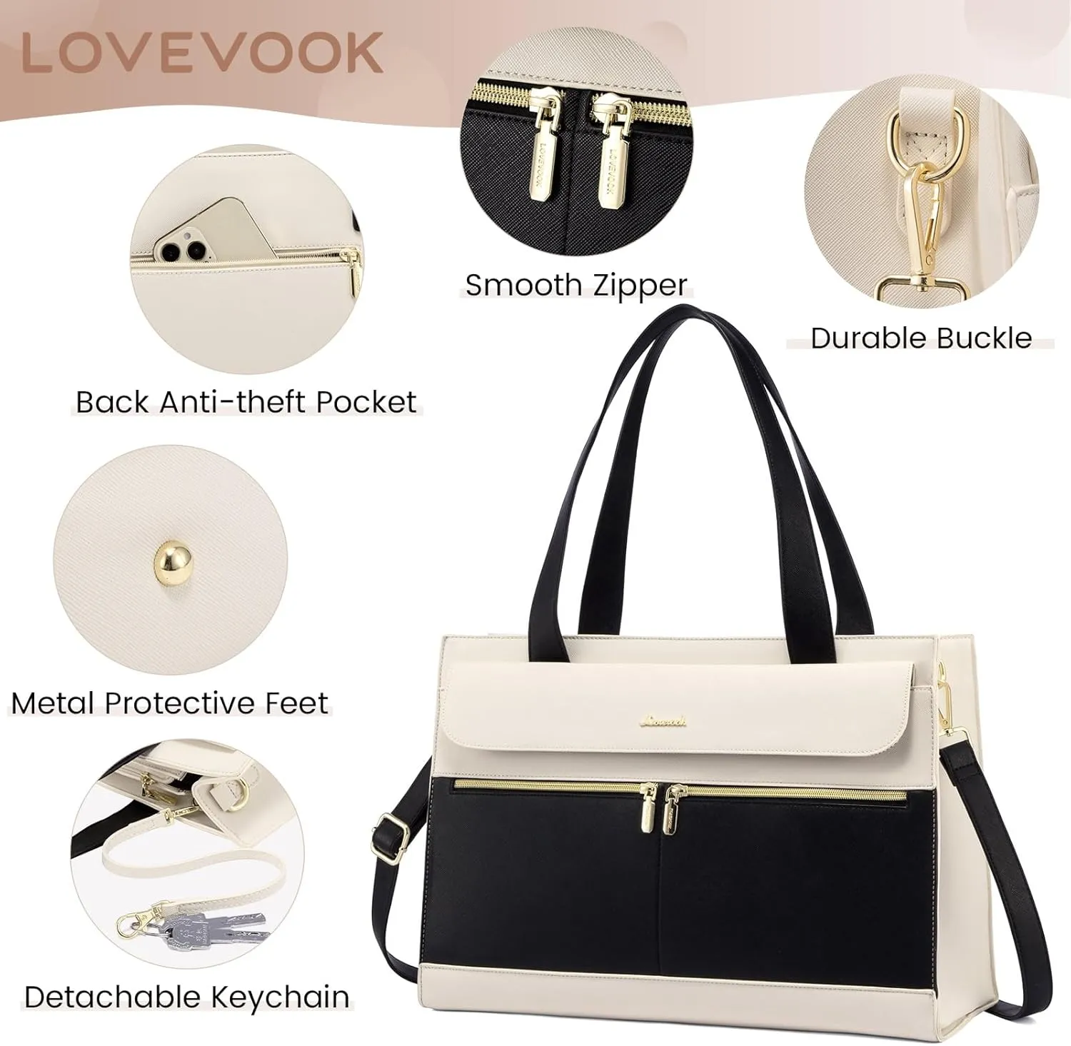LOVEVOOK Laptop Tote for Women - 15.6 Inch Professional Leather Computer Briefcase - Waterproof Shoulder Bag - Large Capacity Business & Office Bag