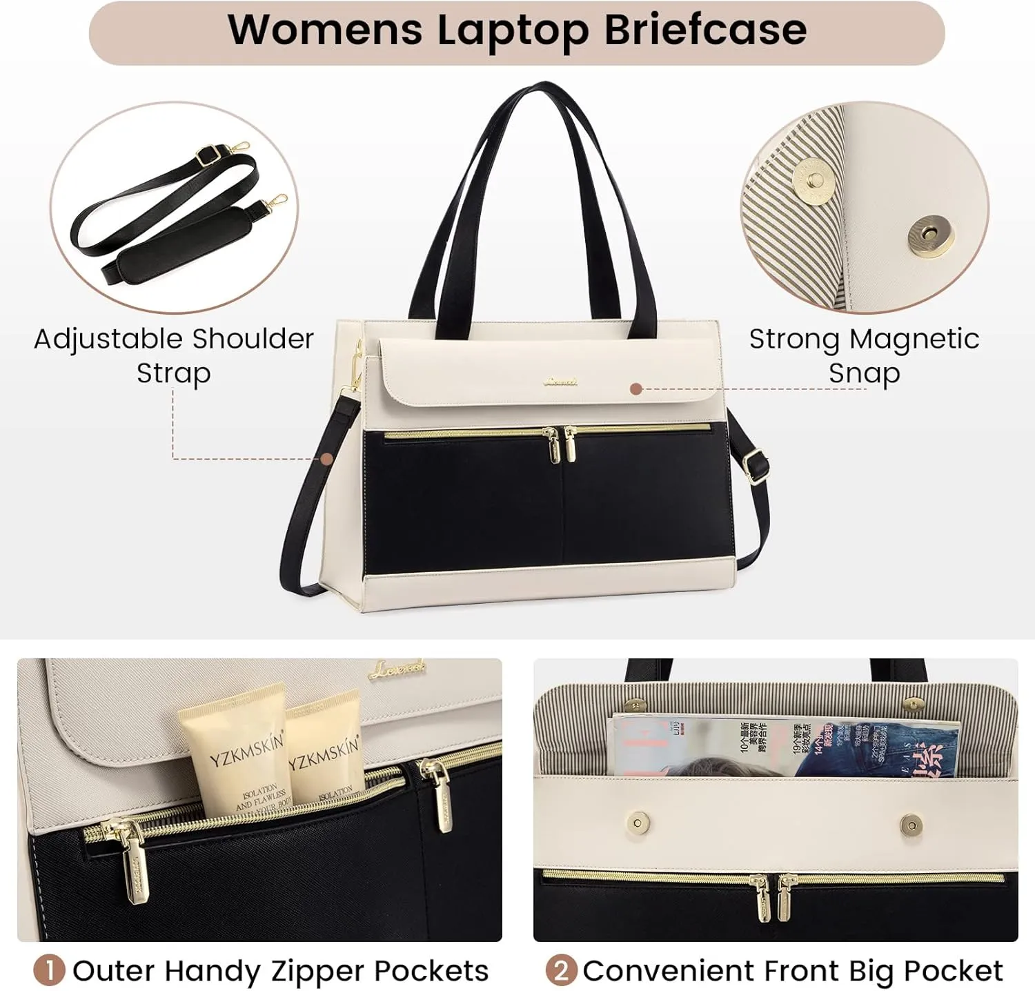 LOVEVOOK Laptop Tote for Women - 15.6 Inch Professional Leather Computer Briefcase - Waterproof Shoulder Bag - Large Capacity Business & Office Bag