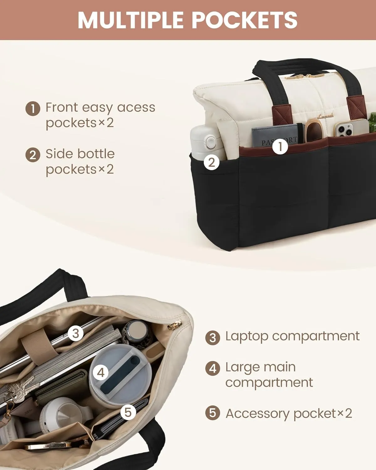 LOVEVOOK Tote Bag for Women,Light Puffer Tote Bag with Multi-pockets,Stylish Carry on Laptop Bags for Daily,Travel,Work,Gym