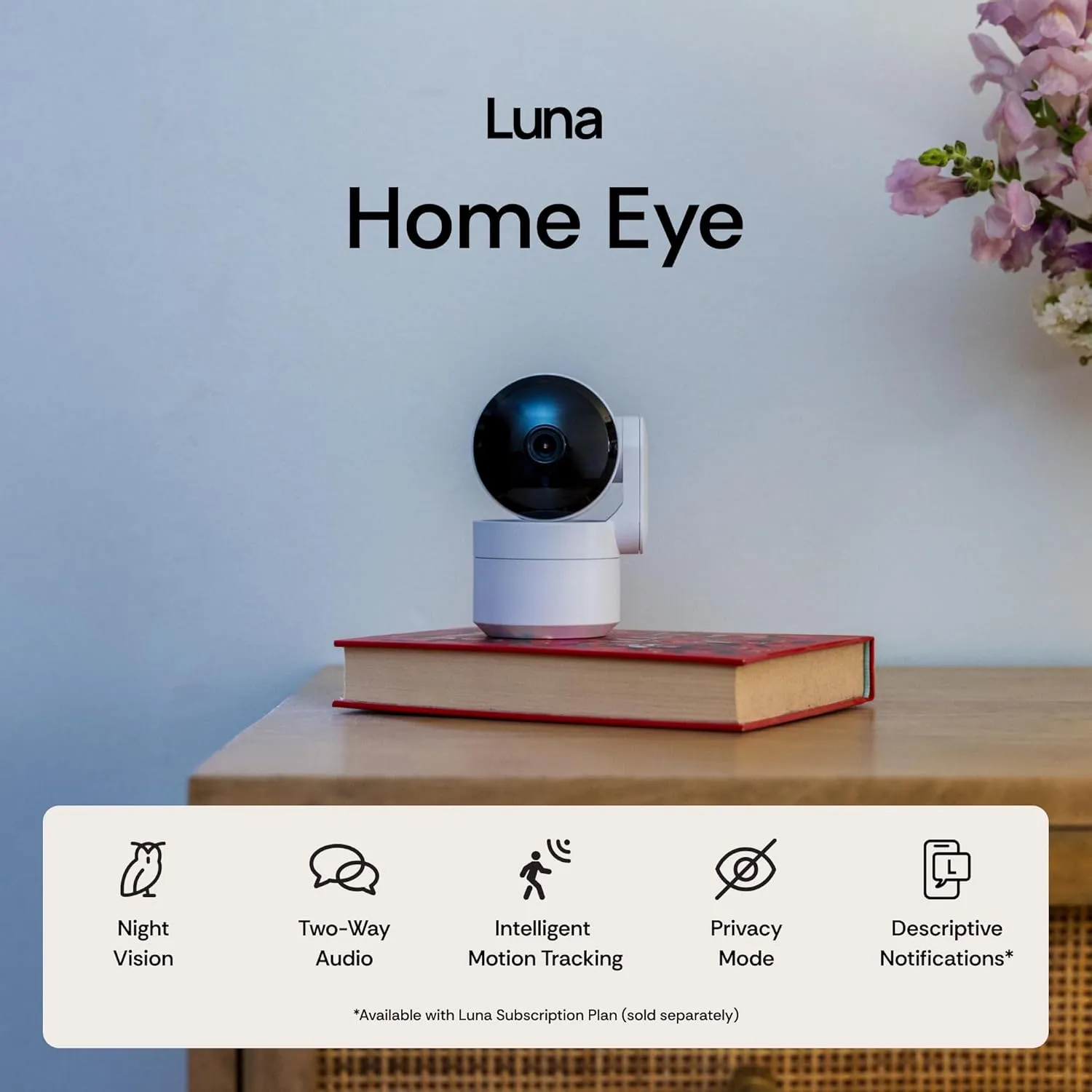 Luna Cameras for Home Security Indoor, Advanced AI Motion Detection, 360° Pan/Tilt, Plug-in, Night Vision, 2.4GHz Wi-Fi, 2-Way Audio, Nanny Pet Dog Camera with Phone App (Black)