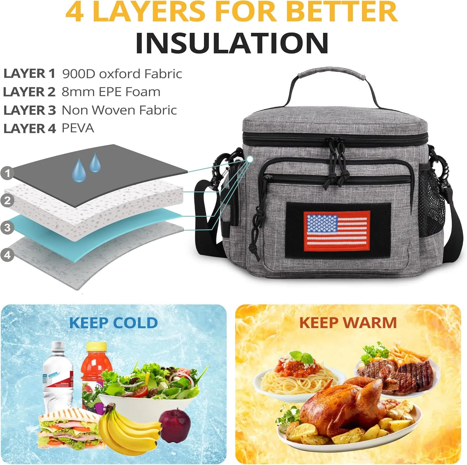 Lunch Box for Men, Tactical Lunch Bag MOLLE Webbing Leakproof Insulated Lunch Cooler Women Adult Meal with Adjustable Shoulder Strap Lunch Pail (Gery)