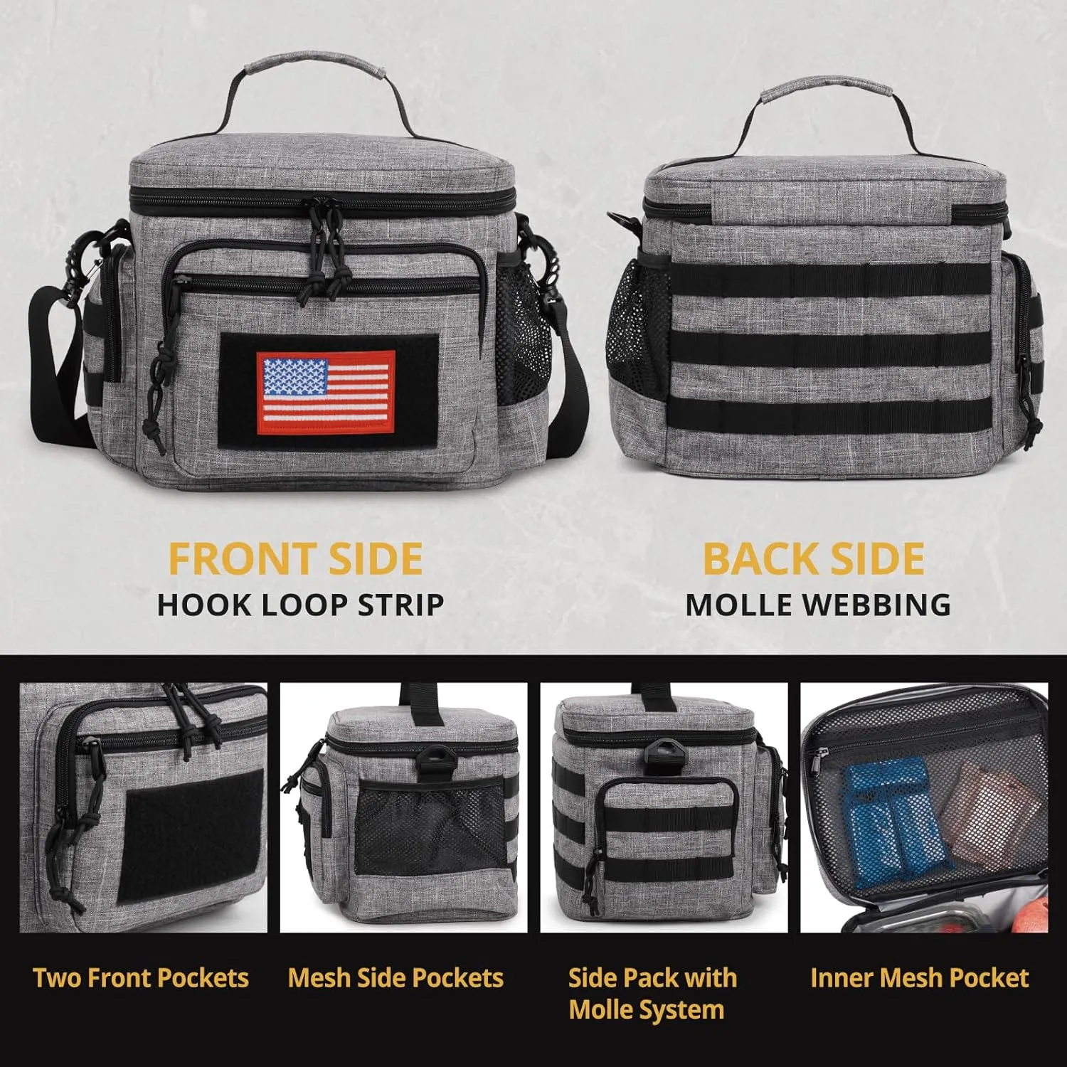 Lunch Box for Men, Tactical Lunch Bag MOLLE Webbing Leakproof Insulated Lunch Cooler Women Adult Meal with Adjustable Shoulder Strap Lunch Pail (Gery)