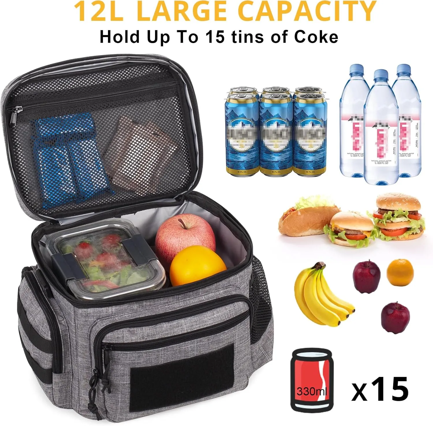 Lunch Box for Men, Tactical Lunch Bag MOLLE Webbing Leakproof Insulated Lunch Cooler Women Adult Meal with Adjustable Shoulder Strap Lunch Pail (Gery)