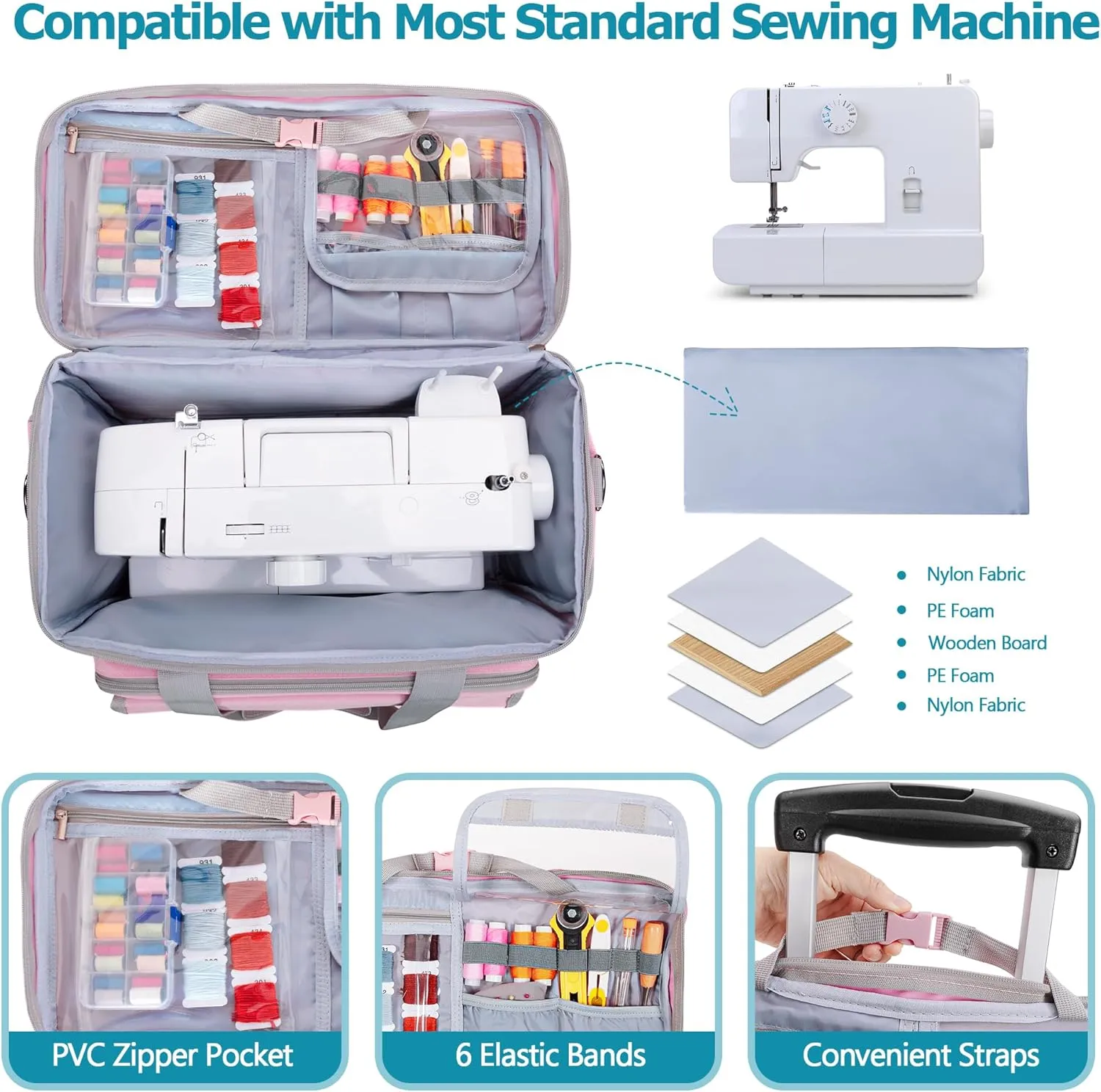 LUXJA Rolling Sewing Machine Case with Multiple Pockets, Sewing Machine Bag with Wheels and Detachable Shoulder Strap (Compatible with Most Standard Sewing Machines), Pink