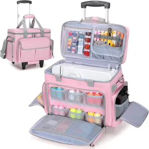 LUXJA Rolling Sewing Machine Case with Multiple Pockets, Sewing Machine Bag with Wheels and Detachable Shoulder Strap (Compatible with Most Standard Sewing Machines), Pink
