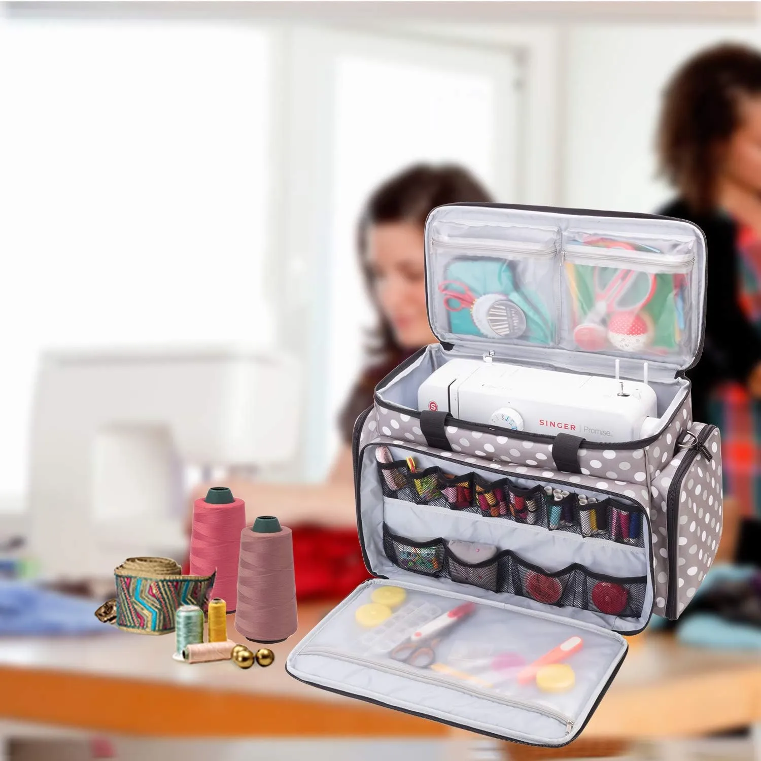 LUXJA Sewing Machine Case with Removable Padding Pad, Travel Case for Sewing Machine and Accessories (Fit for Most Standard Sewing Machines), Gray Dots (Bag Only)