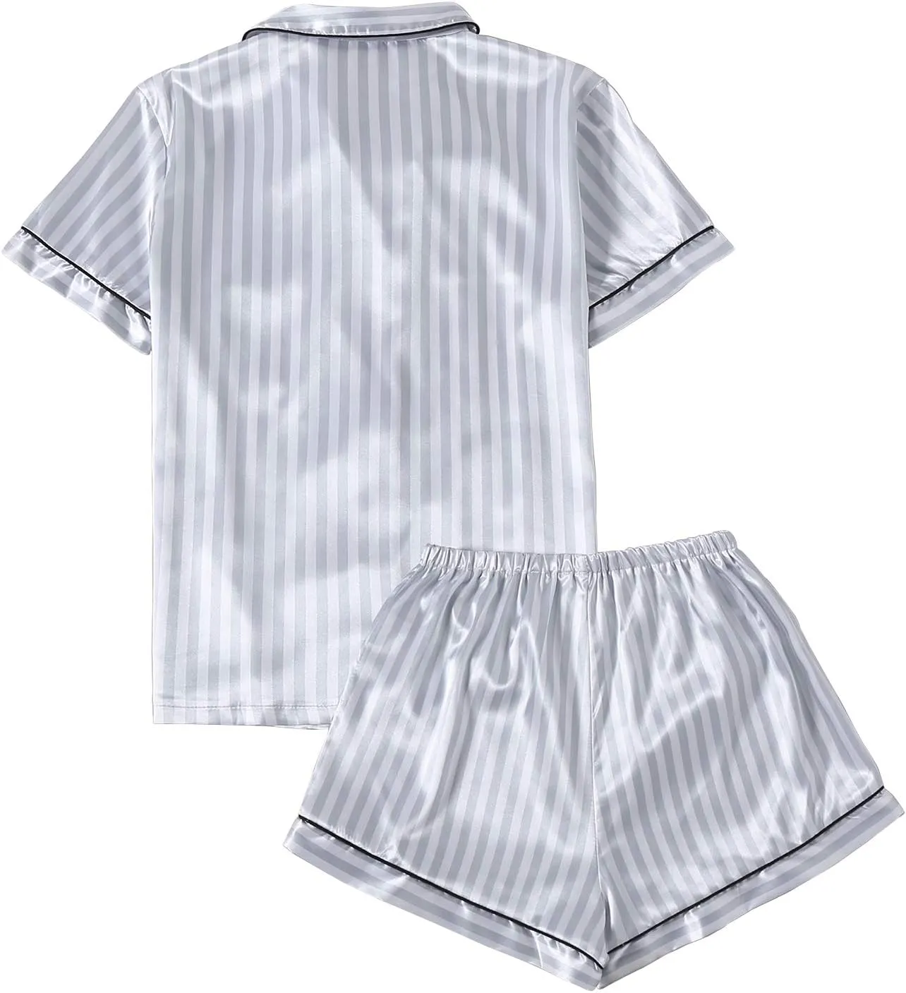 LYANER Women's Striped Silky Satin Pajamas Short Sleeve Top with Shorts Sleepwear PJ Set