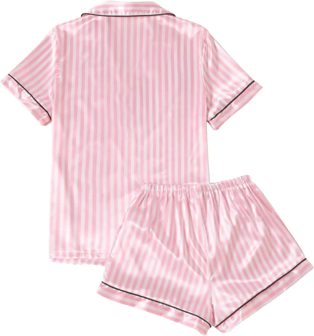 LYANER Women's Striped Silky Satin Pajamas Short Sleeve Top with Shorts Sleepwear PJ Set