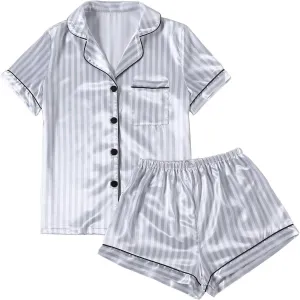LYANER Women's Striped Silky Satin Pajamas Short Sleeve Top with Shorts Sleepwear PJ Set
