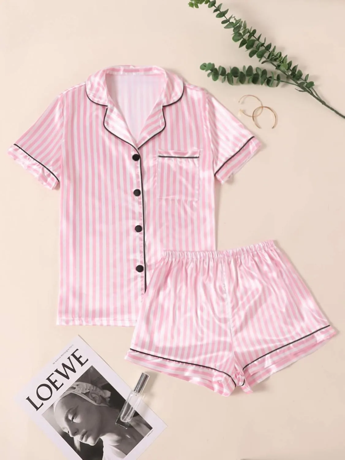 LYANER Women's Striped Silky Satin Pajamas Short Sleeve Top with Shorts Sleepwear PJ Set