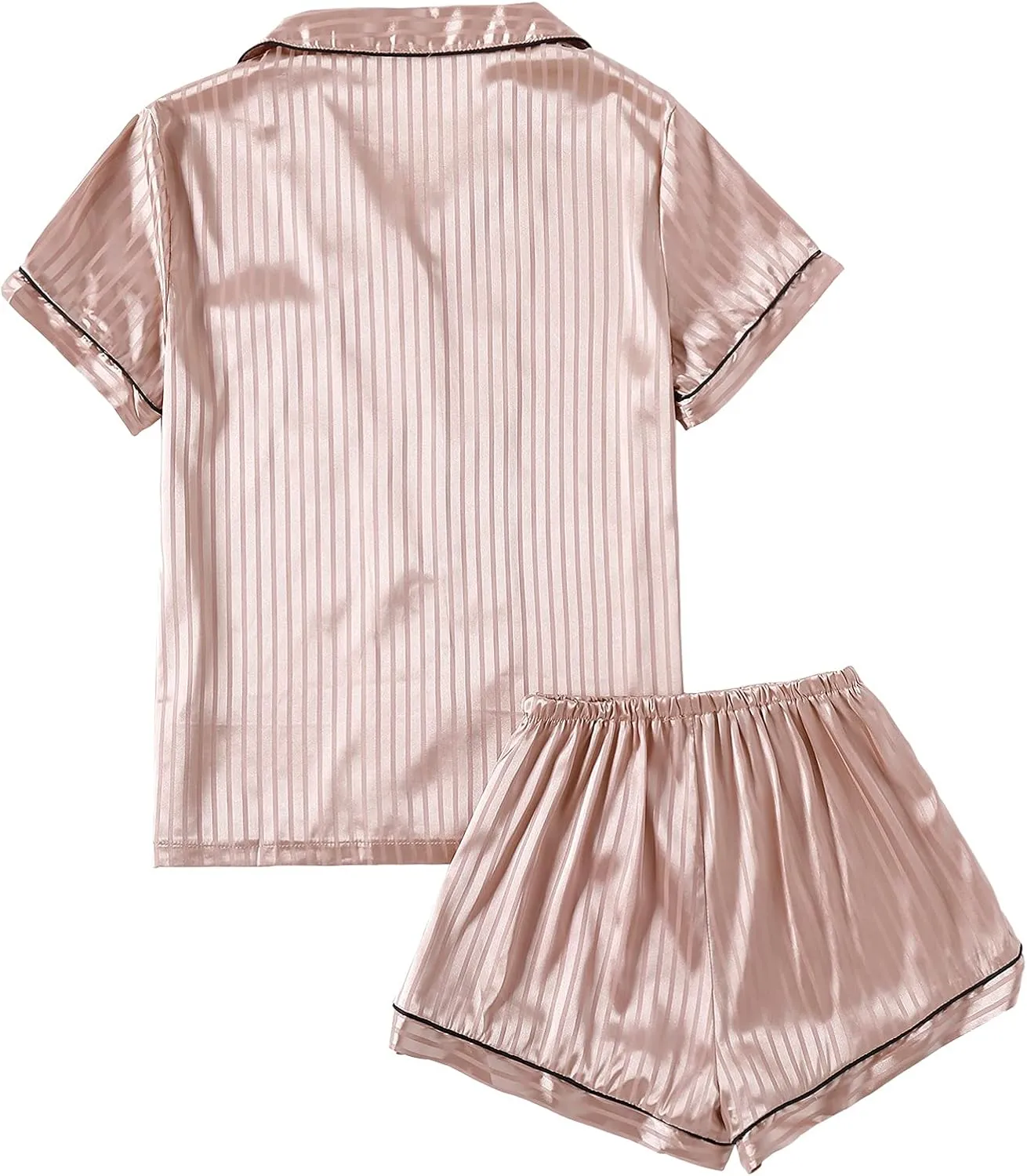 LYANER Women's Striped Silky Satin Pajamas Short Sleeve Top with Shorts Sleepwear PJ Set