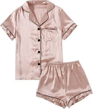 LYANER Women's Striped Silky Satin Pajamas Short Sleeve Top with Shorts Sleepwear PJ Set