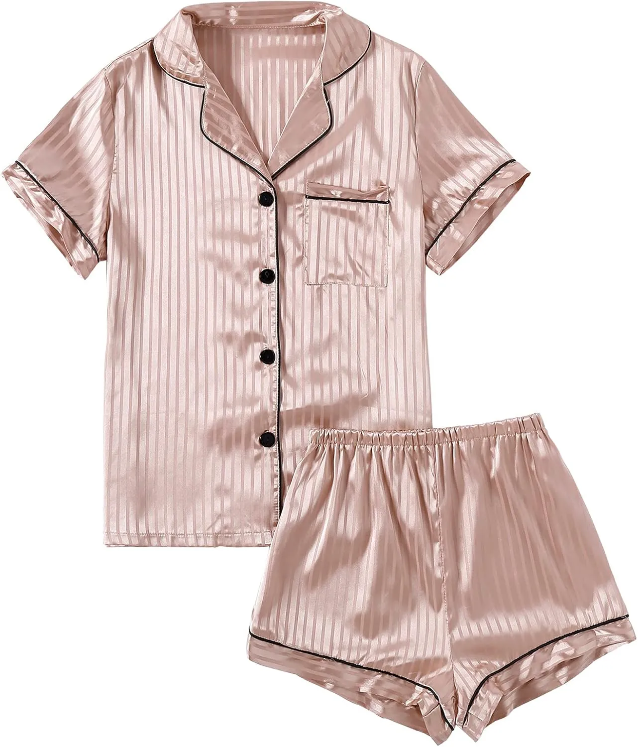 LYANER Women's Striped Silky Satin Pajamas Short Sleeve Top with Shorts Sleepwear PJ Set