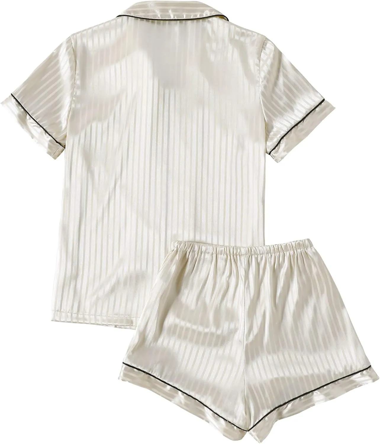 LYANER Women's Striped Silky Satin Pajamas Short Sleeve Top with Shorts Sleepwear PJ Set