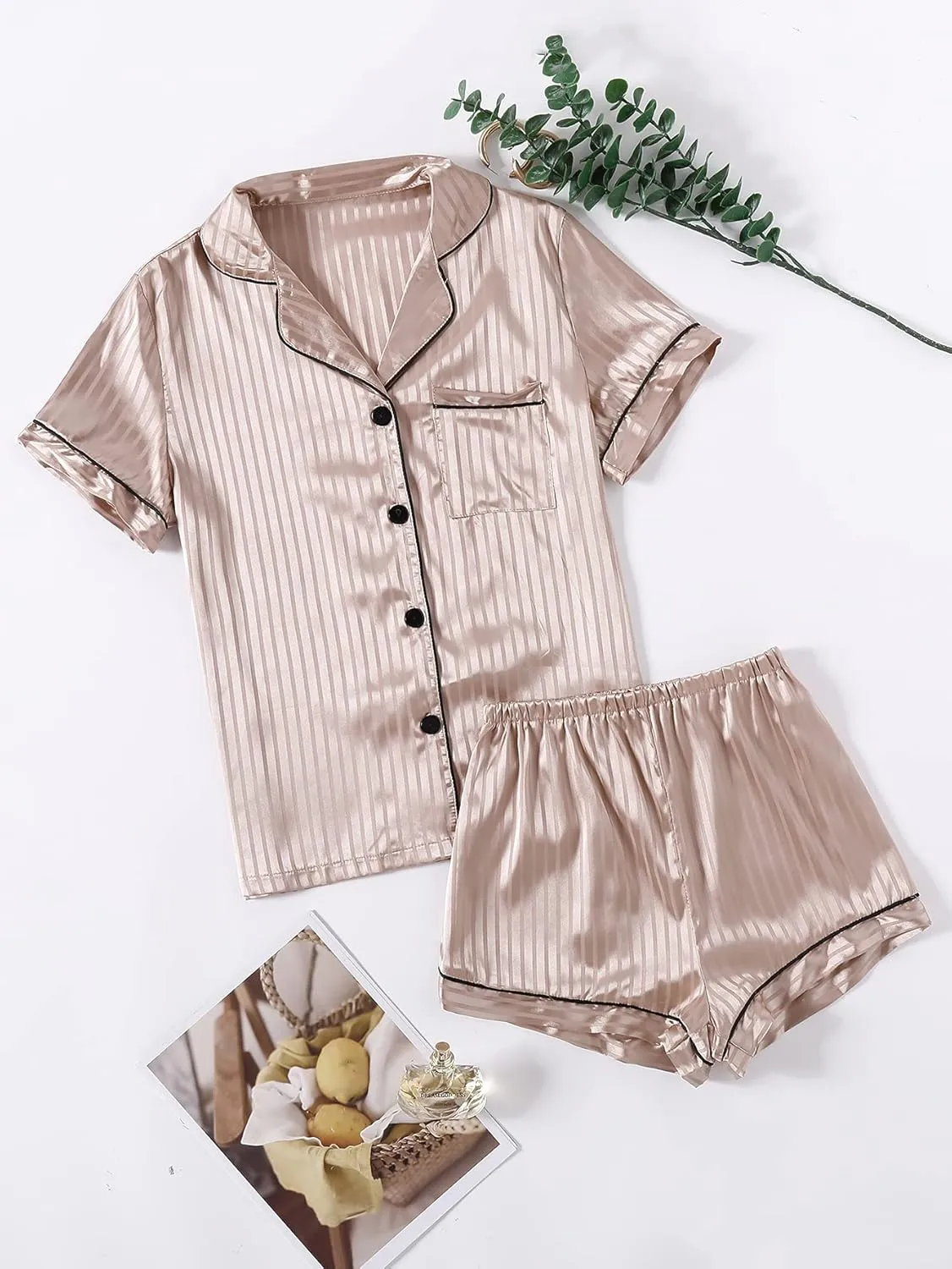 LYANER Women's Striped Silky Satin Pajamas Short Sleeve Top with Shorts Sleepwear PJ Set