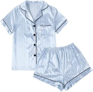 LYANER Women's Striped Silky Satin Pajamas Short Sleeve Top with Shorts Sleepwear PJ Set