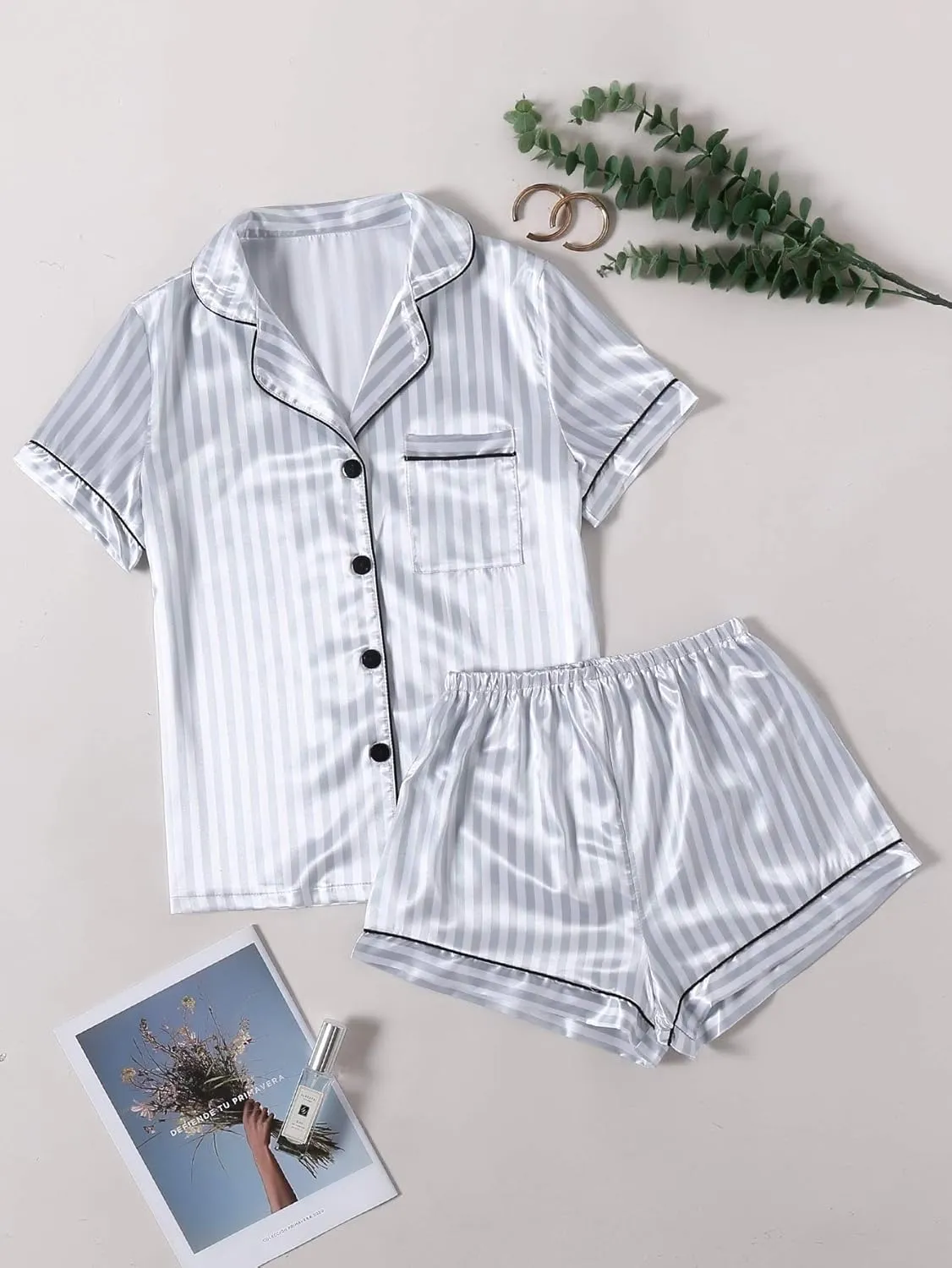 LYANER Women's Striped Silky Satin Pajamas Short Sleeve Top with Shorts Sleepwear PJ Set