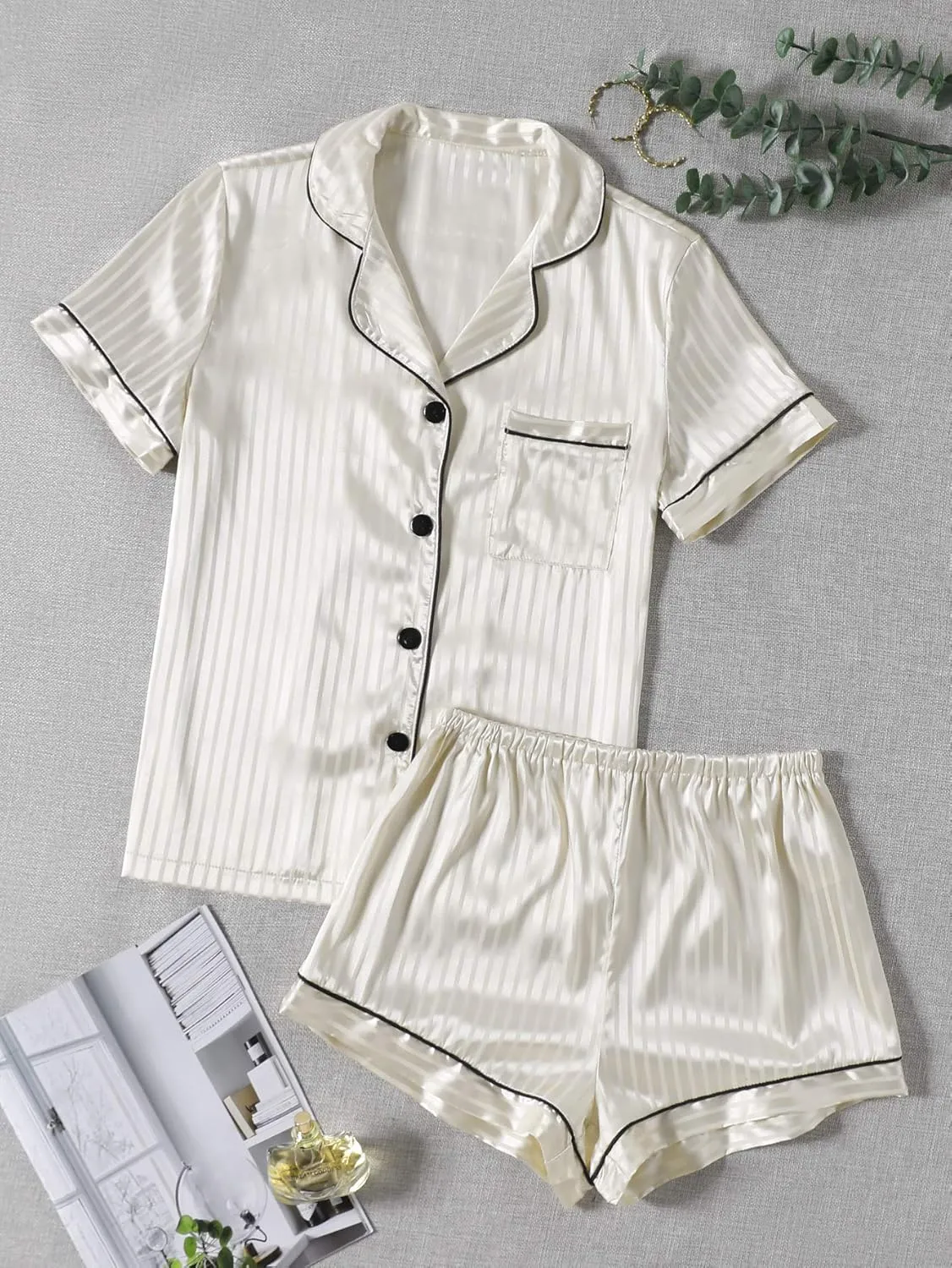 LYANER Women's Striped Silky Satin Pajamas Short Sleeve Top with Shorts Sleepwear PJ Set