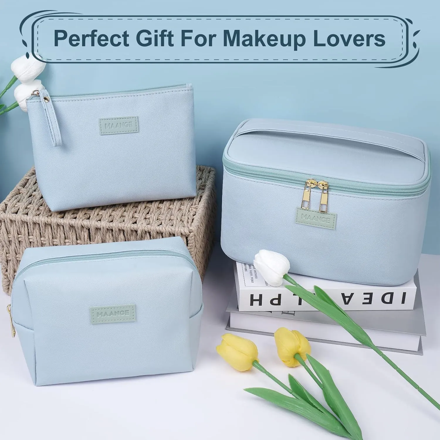 MAANGE Makeup Bag Large Cosmetic Bag with 2pcs Small Makeup Bags Portable Leather Travel Makeup Bag Set Toiletry Bag Make Up Bags for Women and Girls (Blue)