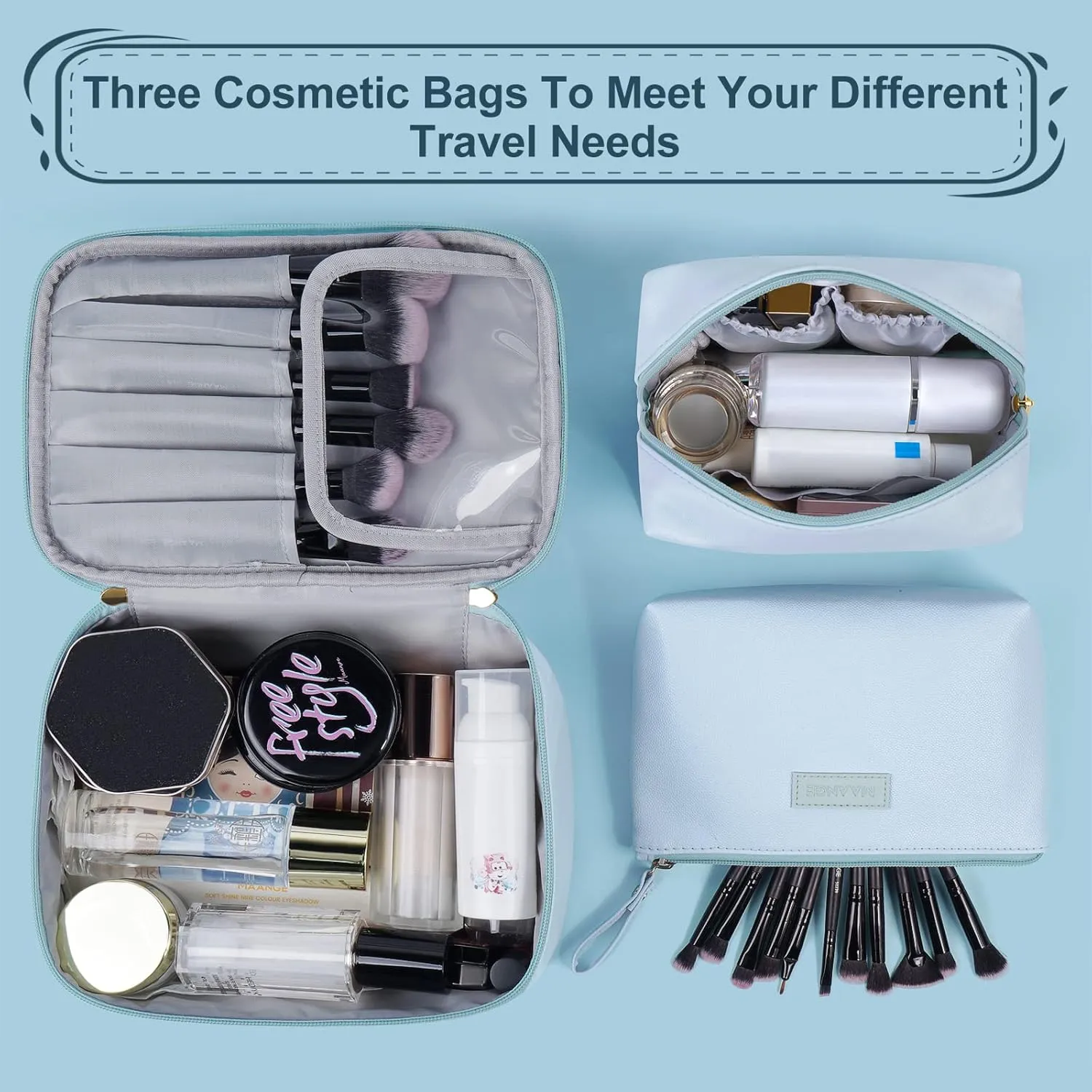MAANGE Makeup Bag Large Cosmetic Bag with 2pcs Small Makeup Bags Portable Leather Travel Makeup Bag Set Toiletry Bag Make Up Bags for Women and Girls (Blue)