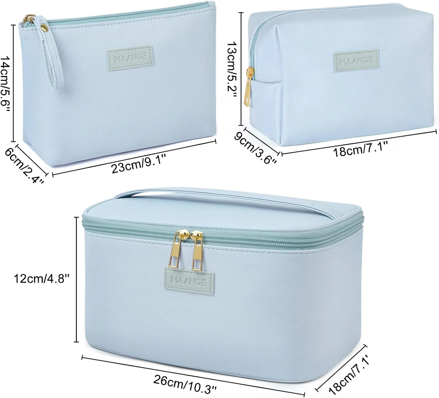 MAANGE Makeup Bag Large Cosmetic Bag with 2pcs Small Makeup Bags Portable Leather Travel Makeup Bag Set Toiletry Bag Make Up Bags for Women and Girls (Blue)
