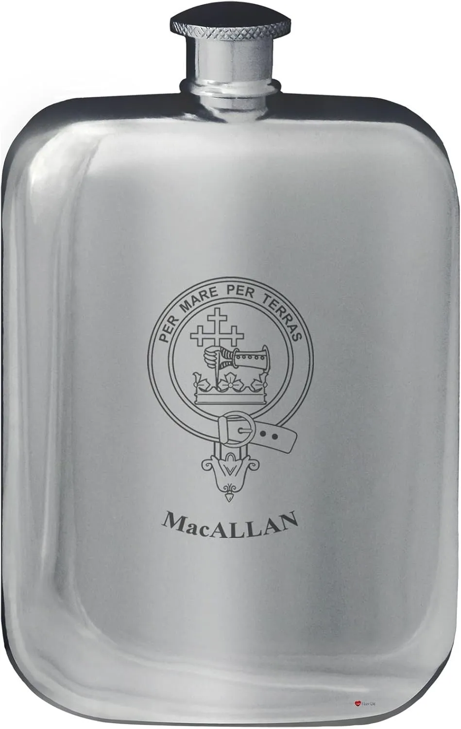 MacAllan Family Crest Design Pocket Hip Flask 6oz Rounded Polished Pewter