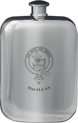 MacAllan Family Crest Design Pocket Hip Flask 6oz Rounded Polished Pewter
