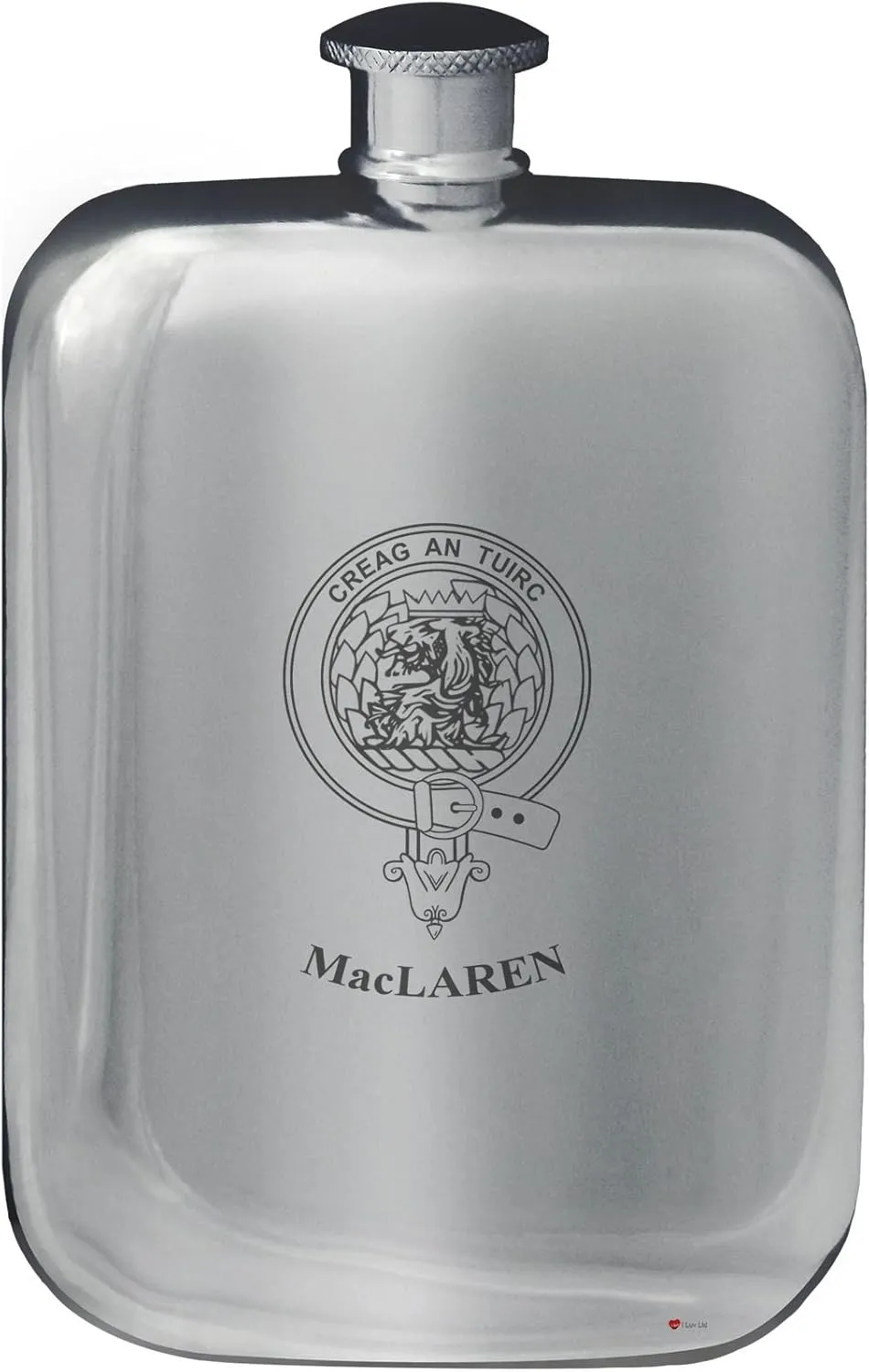 MacLaren Family Crest Design Pocket Hip Flask 6oz Rounded Polished Pewter