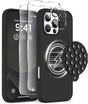 Magnetic for iPhone 16 Pro Max Case, Compatible with Magsafe, Suction Cup Phone Mount, [2 Screen Protectors][Camera Protector] Silicone Shockproof Protective Phone Cover 6.9", Black