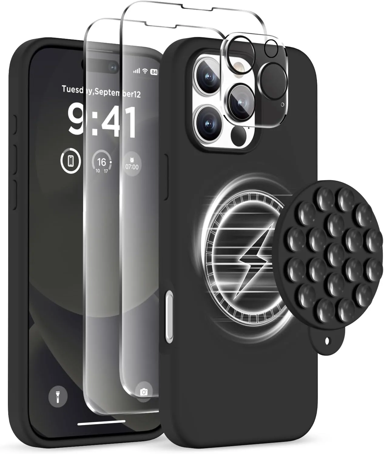 Magnetic for iPhone 16 Pro Max Case, Compatible with Magsafe, Suction Cup Phone Mount, [2 Screen Protectors][Camera Protector] Silicone Shockproof Protective Phone Cover 6.9", Black