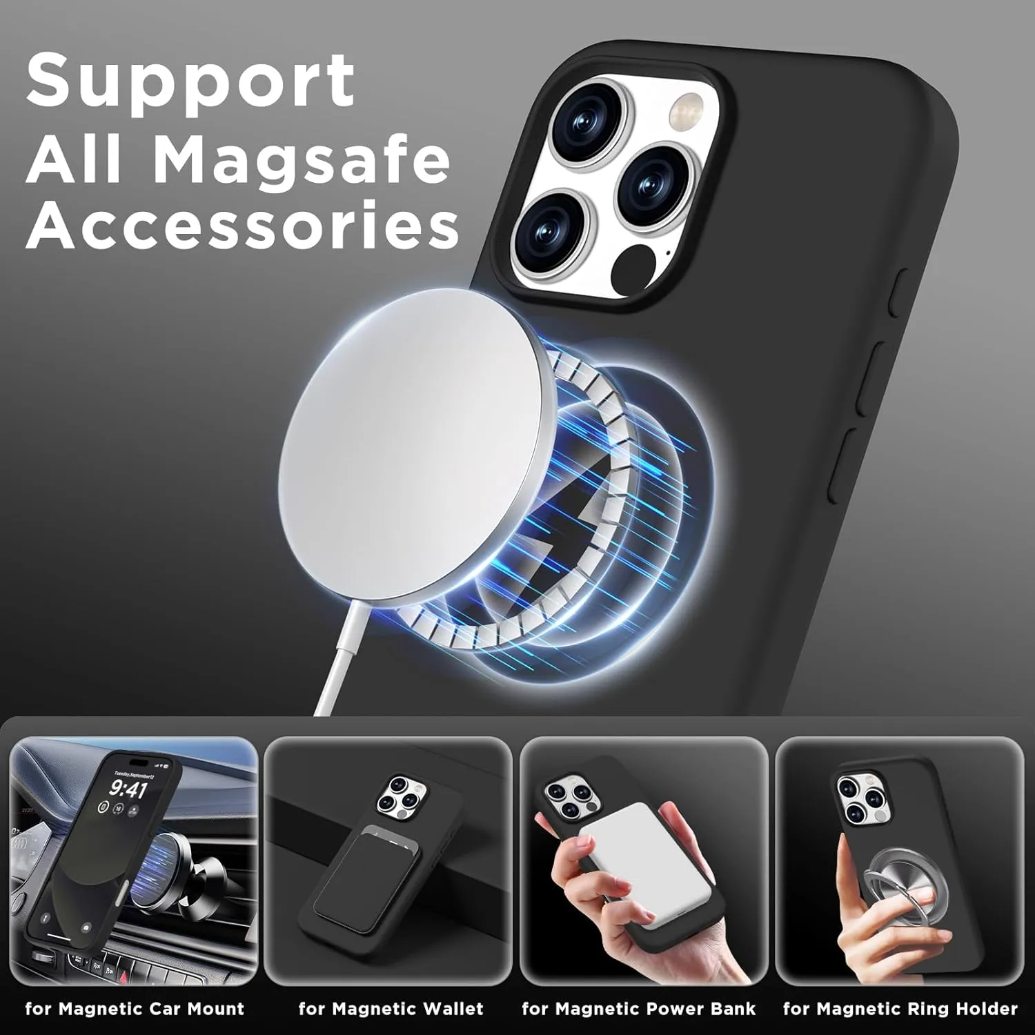 Magnetic for iPhone 16 Pro Max Case, Compatible with Magsafe, Suction Cup Phone Mount, [2 Screen Protectors][Camera Protector] Silicone Shockproof Protective Phone Cover 6.9", Black