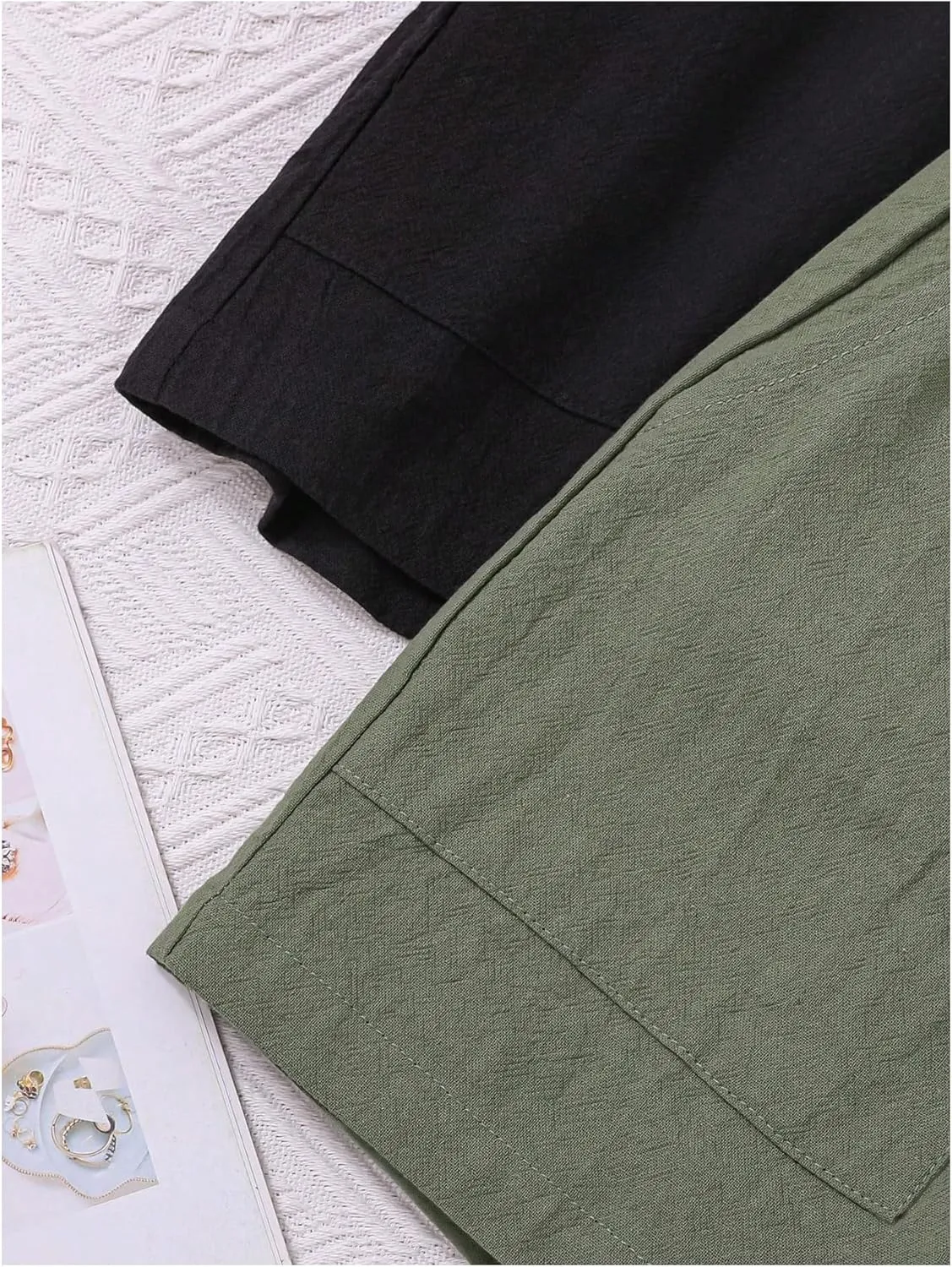 MakeMeChic Women's 2 Pack Paperbag Waist Wide Leg Shorts Double Pocket Loose Fit Shorts
