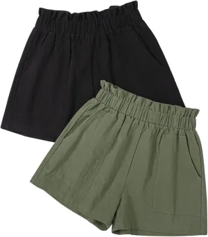 MakeMeChic Women's 2 Pack Paperbag Waist Wide Leg Shorts Double Pocket Loose Fit Shorts