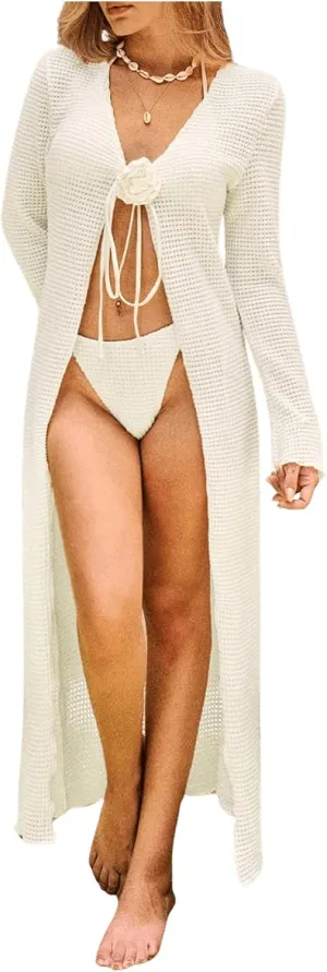 MakeMeChic Women's Bikini Sets 3D Floral Waffle Knit Halter Bikini Cheeky Swimsuit with Coverup Dress