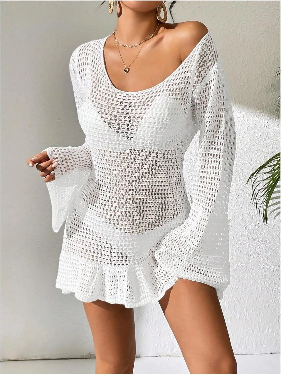 MakeMeChic Women's Hollow Out Beach Cover Up Dress Bell Sleeve Backless Ruffle Bathing Suit Cover up