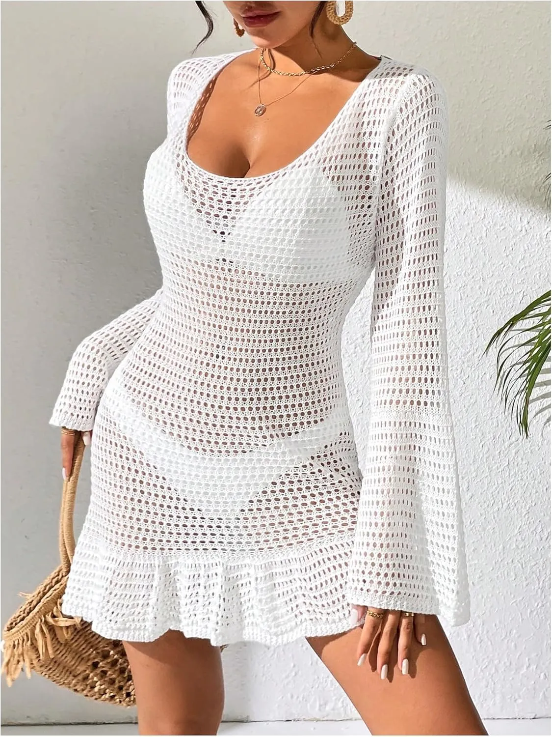MakeMeChic Women's Hollow Out Beach Cover Up Dress Bell Sleeve Backless Ruffle Bathing Suit Cover up