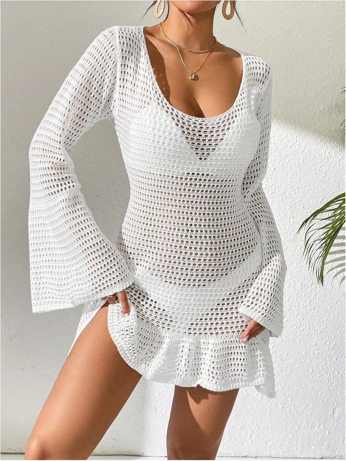 MakeMeChic Women's Hollow Out Beach Cover Up Dress Bell Sleeve Backless Ruffle Bathing Suit Cover up