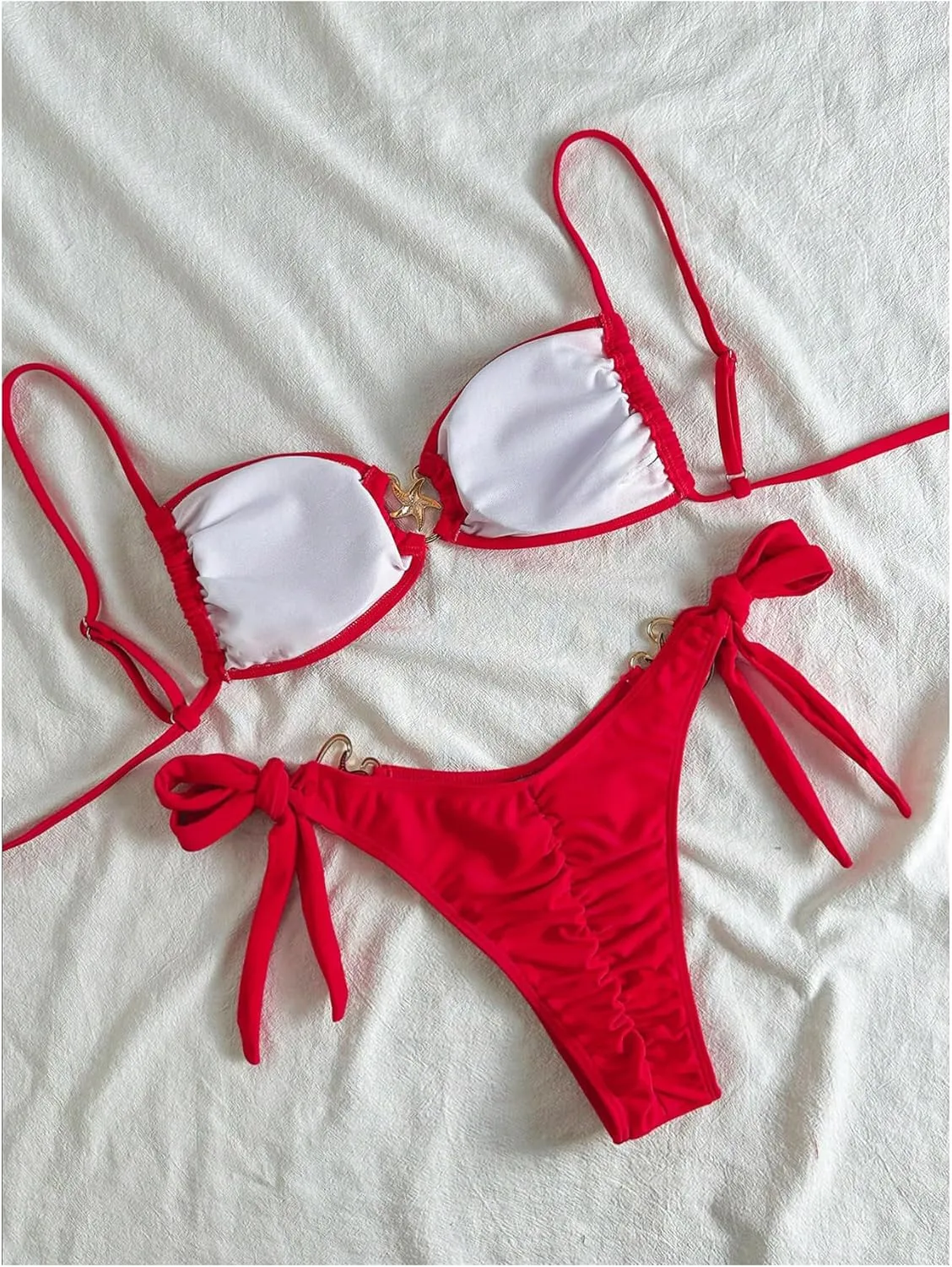MakeMeChic Women's Two Piece Bikini Set Tie Side Ring Backless High Cut Bathing Suit Swimwear