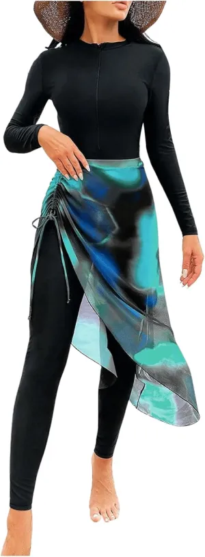 MakeMeChic Women's Two Piece Burkini Sets Long Sleeve Zip Up Mock Neck Swimsuit with Ombre Beach Skirt
