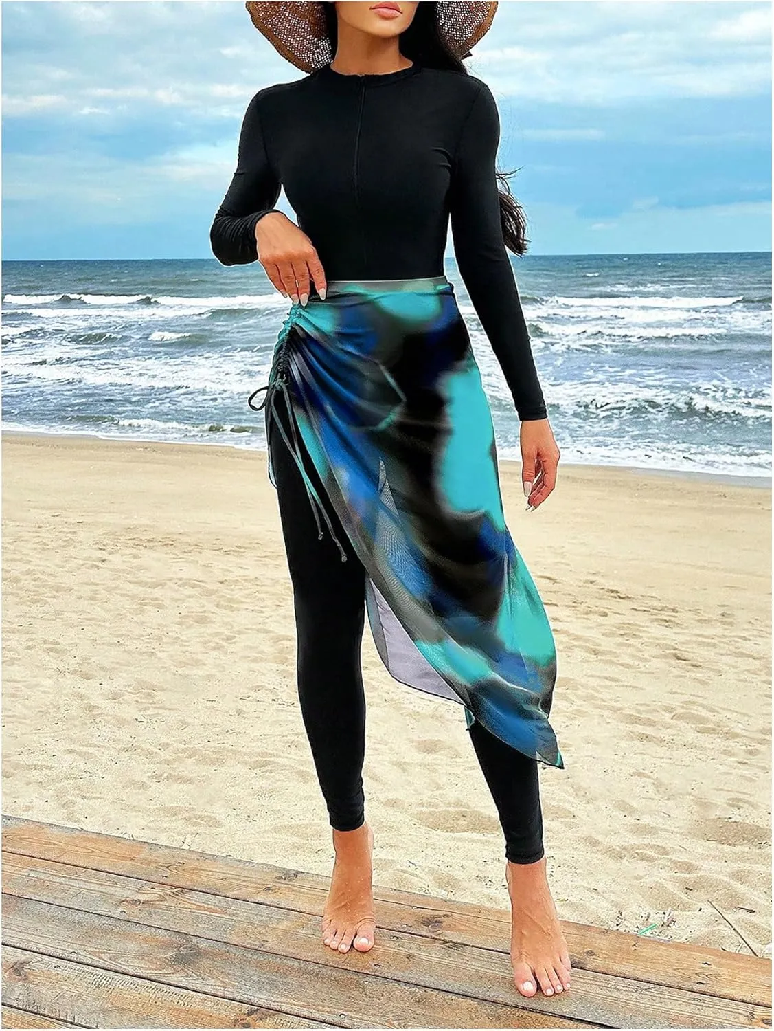 MakeMeChic Women's Two Piece Burkini Sets Long Sleeve Zip Up Mock Neck Swimsuit with Ombre Beach Skirt