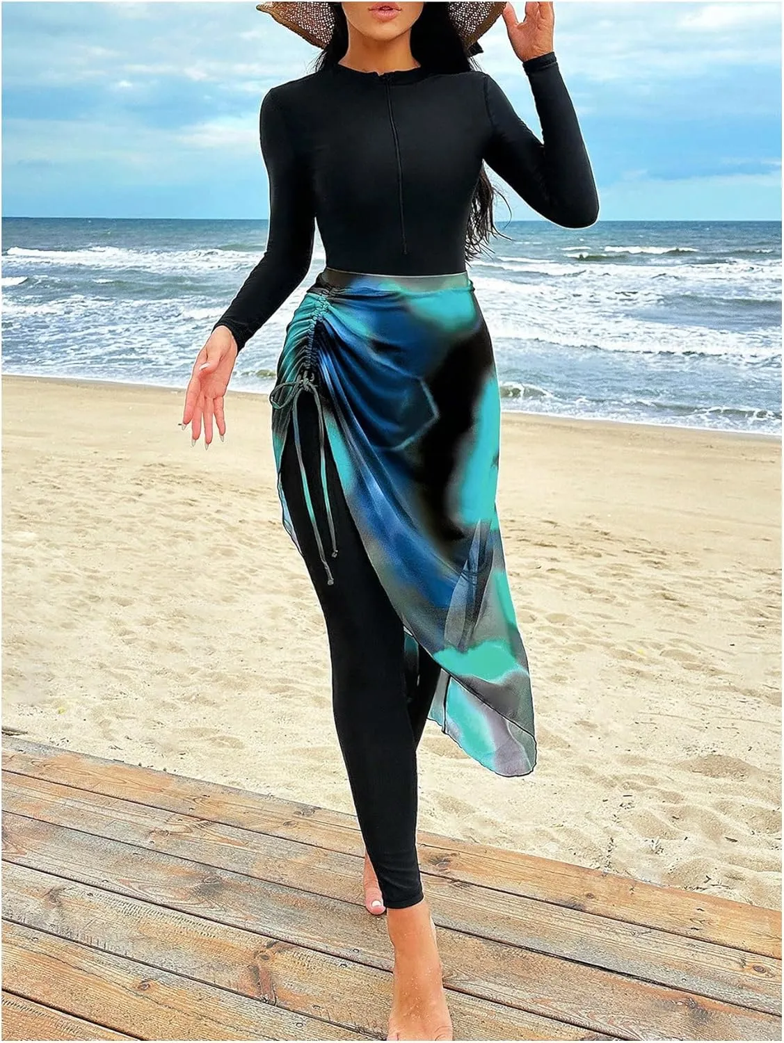 MakeMeChic Women's Two Piece Burkini Sets Long Sleeve Zip Up Mock Neck Swimsuit with Ombre Beach Skirt