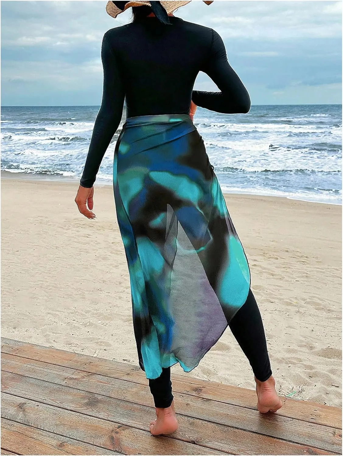 MakeMeChic Women's Two Piece Burkini Sets Long Sleeve Zip Up Mock Neck Swimsuit with Ombre Beach Skirt