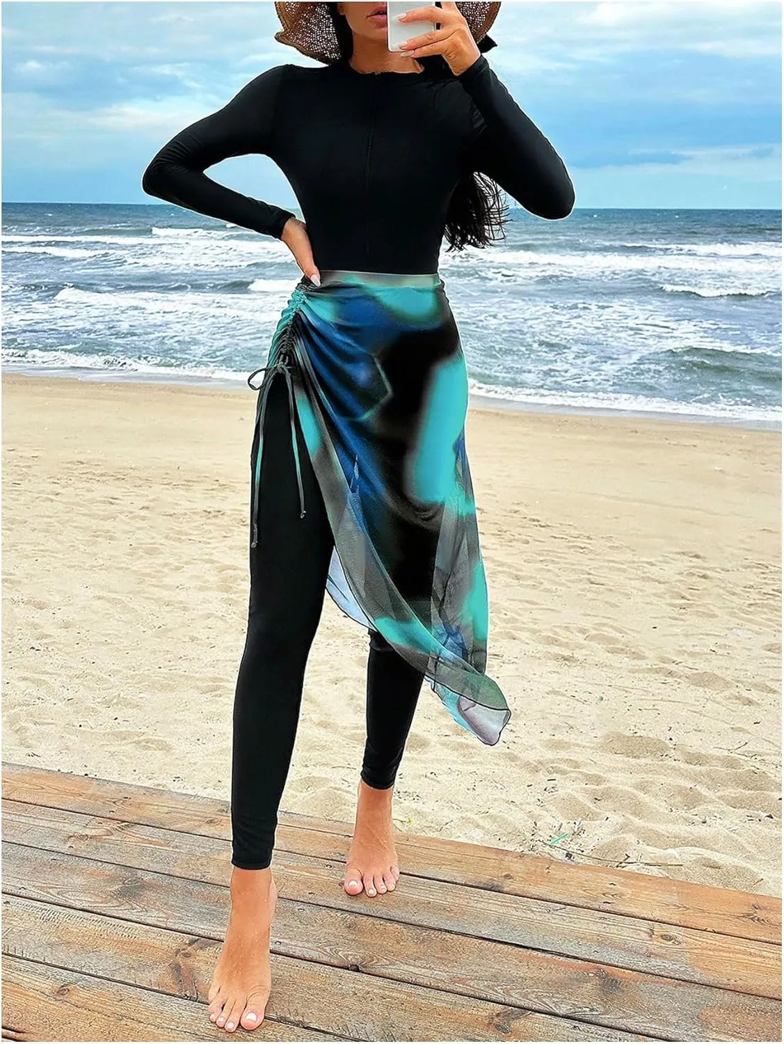 MakeMeChic Women's Two Piece Burkini Sets Long Sleeve Zip Up Mock Neck Swimsuit with Ombre Beach Skirt