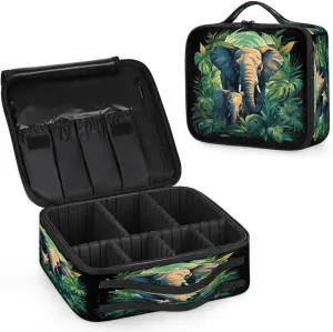 Makeup Bag Large Makeup Train Case Palm Leaf Elephant Makeup Organizer Bag Portable Cosmetic Bags with Dividers Waterproof Travel Makeup Bag Toiletry Bag Makeup Case for Women