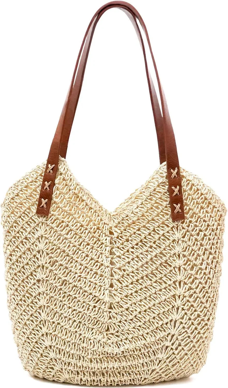 MAMUNU Straw Beach Bag for Women Large Straw Tote Bag with Zipper Summer Woven Bag Travel Straw Shoulder Bags for Vocation